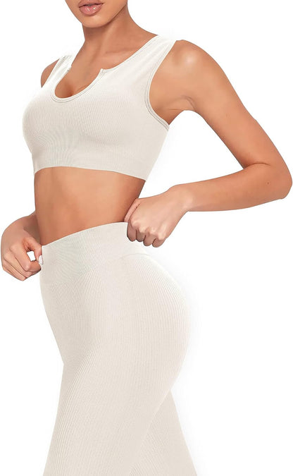 Seamless Workout Sets for Women 2 Piece Ribbed Gym Outfits Sports Bra and Legging Shorts Yoga Set (Beige, Small)